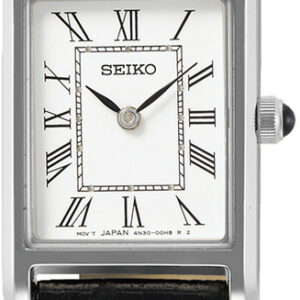SWR053P1 Seiko staal dameshorloge langwerpig, zwart leer