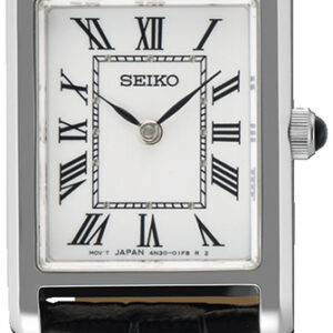 SWR107P1 Seiko staal dameshorloge langwerpig zwart leer