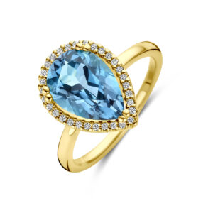 40.30925 KA Geelgouden ring London blue topaas met diamant 0.12ct H SI  mt 18,50*