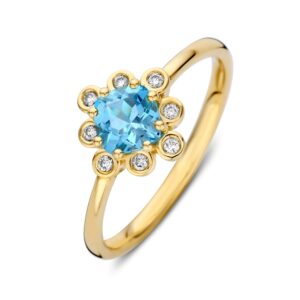 RK138260 Excellent Geelgouden ring ijsblauwe topaas diamant 0.06 H-SI maat 56
