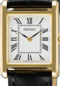 SWR108P1 Seiko dameshorloge goudkleurig langwerpig zwart leer